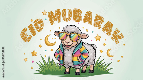A cool sheep celebrates Eid Mubarak with festive flair and fun
