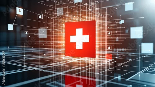 Digital healthcare network, interconnected data, medical symbol
