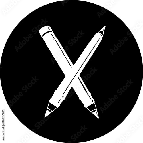 Minimalist design featuring crossed pencils within a black circle backdrop