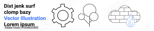 Mechanical gear, three balloons, cloud with a brick pattern and water drop highlighting themes of industry, celebration, environment, creativity, teamwork, innovation, and a simple landing page
