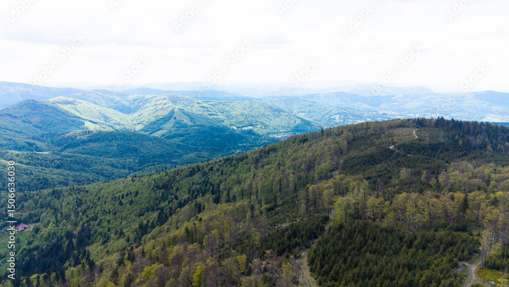 Fototapeta premium View from Beskidy Mountains - Klimczok peak (Beskid Slaski). Beskid Slaski is a part of Karpaty (Carpathian mountains). Europe