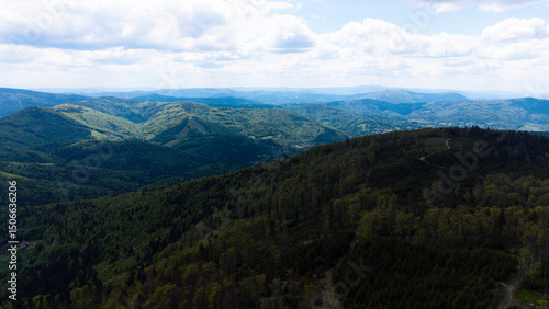 Fototapeta Naklejka Na Ścianę i Meble -  View from Beskidy Mountains - Klimczok peak (Beskid Slaski). Beskid Slaski is a part of Karpaty (Carpathian mountains). Europe