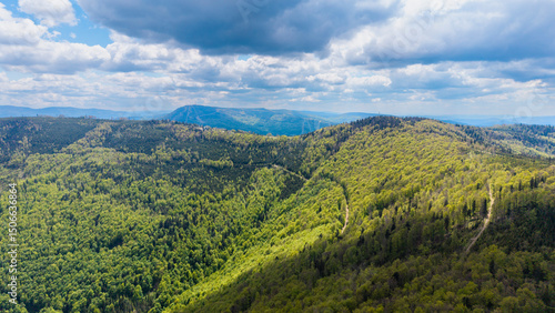 Fototapeta Naklejka Na Ścianę i Meble -  View from Beskidy Mountains - Klimczok peak (Beskid Slaski). Beskid Slaski is a part of Karpaty (Carpathian mountains). Europe