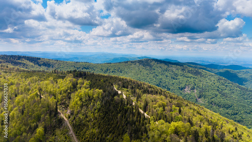 Fototapeta Naklejka Na Ścianę i Meble -  View from Beskidy Mountains - Klimczok peak (Beskid Slaski). Beskid Slaski is a part of Karpaty (Carpathian mountains). Europe