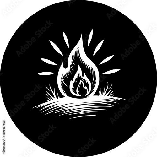 Stylized bonfire illustration against a stark black backdrop with radiant light