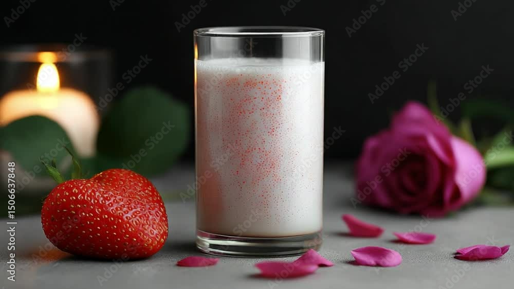 Fresh Strawberry and Rose Petals with Smooth Beverage in Elegant Setting Fresh Strawberry and Rose Petals with Smooth Beverage in Elegant Setting