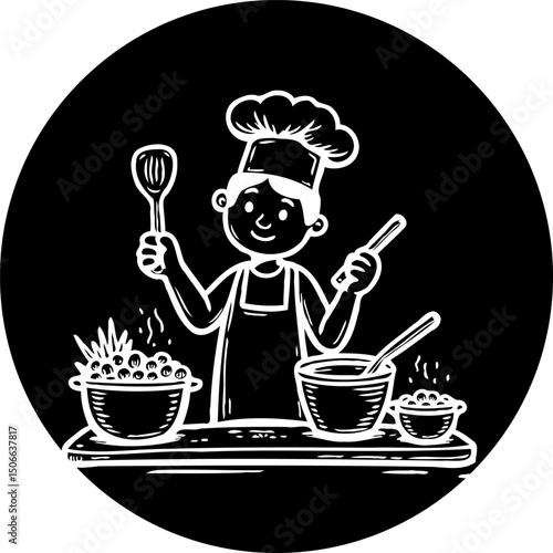 Stylized culinary illustration of a young chef preparing dishes with bowls