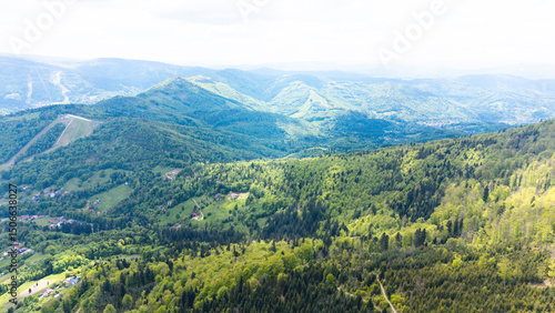 Fototapeta Naklejka Na Ścianę i Meble -  View from Beskidy Mountains - Klimczok peak (Beskid Slaski). Beskid Slaski is a part of Karpaty (Carpathian mountains). Europe