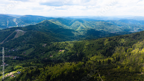Fototapeta Naklejka Na Ścianę i Meble -  View from Beskidy Mountains - Klimczok peak (Beskid Slaski). Beskid Slaski is a part of Karpaty (Carpathian mountains). Europe