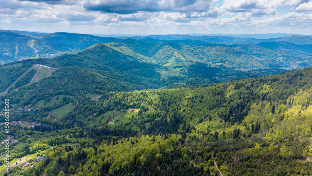 Fototapeta premium View from Beskidy Mountains - Klimczok peak (Beskid Slaski). Beskid Slaski is a part of Karpaty (Carpathian mountains). Europe