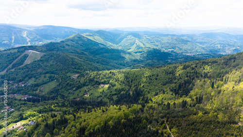Fototapeta Naklejka Na Ścianę i Meble -  View from Beskidy Mountains - Klimczok peak (Beskid Slaski). Beskid Slaski is a part of Karpaty (Carpathian mountains). Europe
