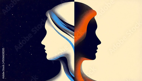 Abstract dual-facing silhouettes with geometric patterns ideal for psychology blogs and mental health awareness campaigns

