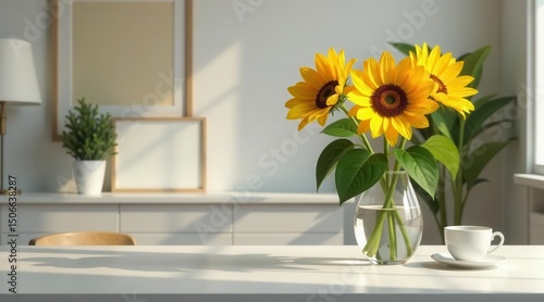 Wallpaper Mural Sunflowers in a Glass Vase on a Table with a Cup of Coffee and Framed Pictures in a Bright Room Torontodigital.ca