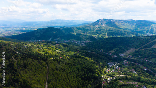 Fototapeta Naklejka Na Ścianę i Meble -  View from Beskidy Mountains - Klimczok peak (Beskid Slaski). Beskid Slaski is a part of Karpaty (Carpathian mountains). Europe