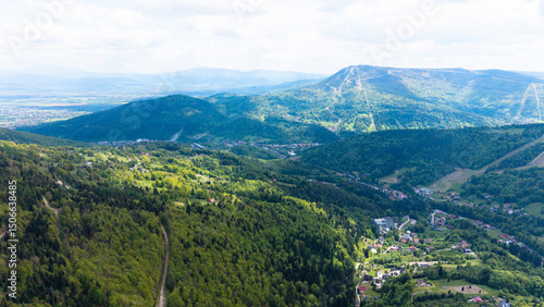 Fototapeta Naklejka Na Ścianę i Meble -  View from Beskidy Mountains - Klimczok peak (Beskid Slaski). Beskid Slaski is a part of Karpaty (Carpathian mountains). Europe