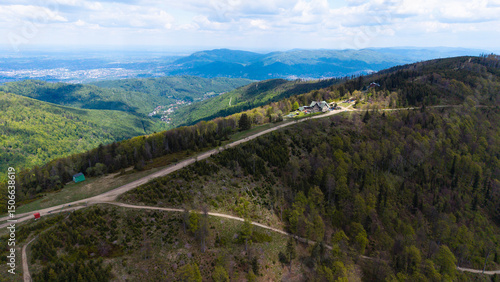 Fototapeta Naklejka Na Ścianę i Meble -  View from Beskidy Mountains - Klimczok peak (Beskid Slaski). Beskid Slaski is a part of Karpaty (Carpathian mountains). Europe