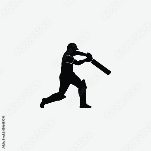 Cricket Batsman Silhouette Vector – Dynamic Mid-Swing Pose with Ball and Motion Lines on White Background