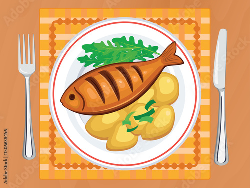 Grilled whole fish and potatoes on a plate top view vector illustration. Baked fish with potatoes on a wooden table above view vector. Fried fish and arugula on a plate drawing