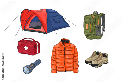 Essential Hiking and Camping Gear Illustrated in Detailed Style