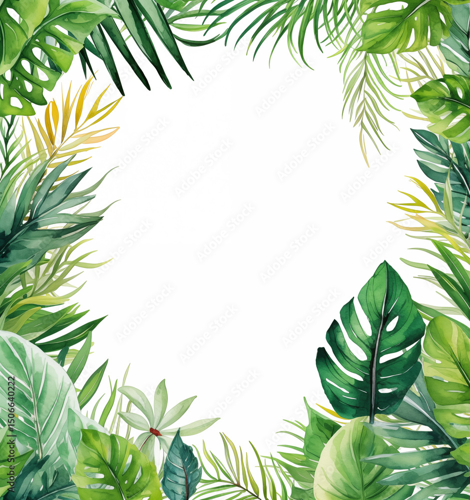 Naklejka premium Vibrant greenery surrounds an empty space, showcasing various types of jungle leaves, including ferns and palm fronds. This natural frame enhances creativity and brings a fresh aesthetic