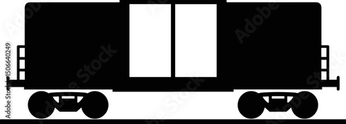 Black silhouette of a train car on wheels against a white background  