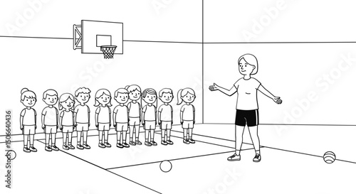 Teacher instructing students in gymnasium during physical education class  