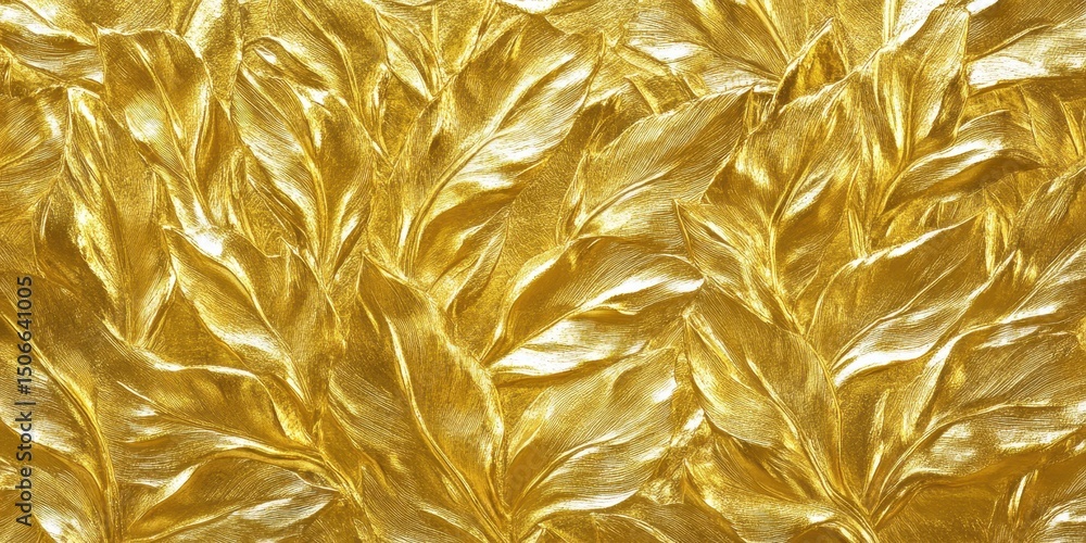 Lush, gilded leaf pattern; textured gold surface with overlapping, sculpted foliage Lush, gilded leaf pattern; textured gold surface with overlapping, sculpted foliage