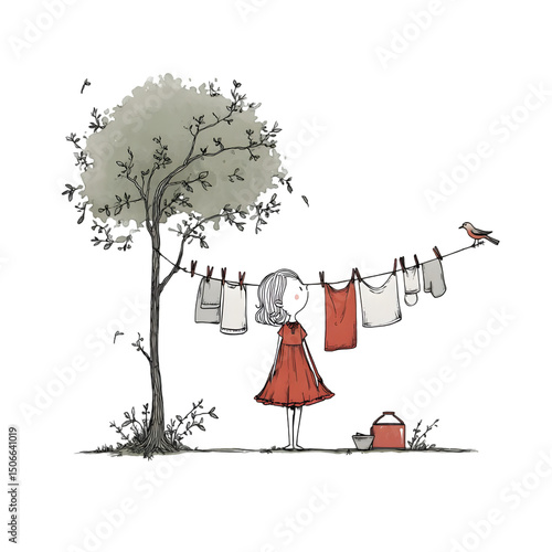 Little Girl Under a Tree with Clothesline