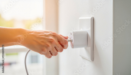Close-up of a person unplugging a phone charger with a focused expression in a bright modern room