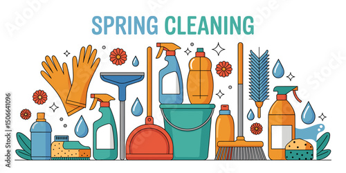 Collection of Cleaning Supplies with "Spring Cleaning" Text