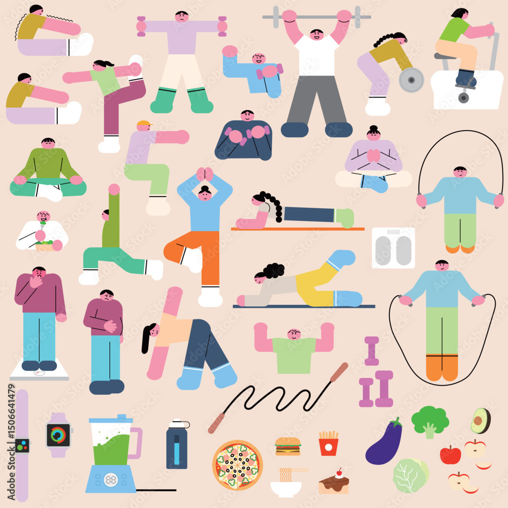 Fitness and Diet Vector Elements for Healthy Lifestyle Illustration Fitness and Diet Vector Elements for Healthy Lifestyle Illustration
