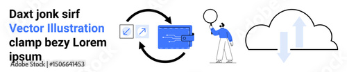 Data flow arrows connecting digital wallet and cloud, individual interacting with data balloon. Ideal for fintech, cloud technology, data security, workflow, innovation, IT solutions, simple landing