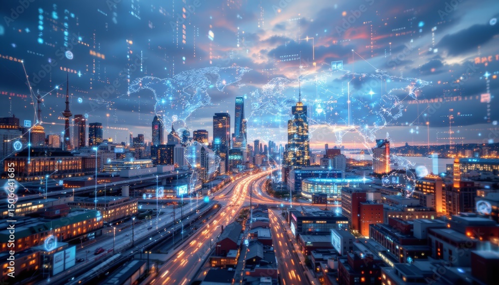 Fototapeta premium Digital Network Over Cityscape