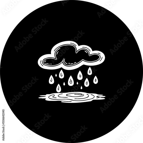 Minimalist depiction of a rain cloud icon with raindrops, set within a circular field