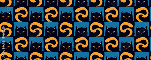 Halloween Seamless Pattern with Black Cats and Orange Serpent Shapes on Black Squares. Mystical and moody tile background with spooky feline faces and curling tails, great for wrapping paper, fashion