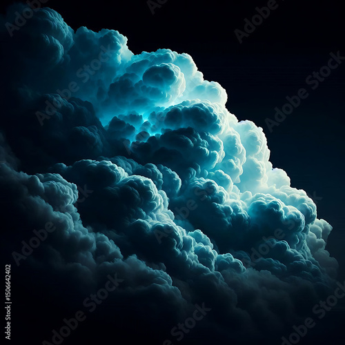 Brightly lit blue and black clouds with glowing highlights, ideal for a dramatic desktop wallpaper, abstract digital art, or a striking background.