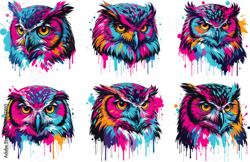 Colorful abstract owl head with paint splatter