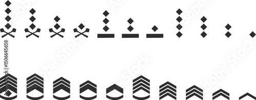 Set of icons of military ranks of the armed forces or ranks for the game in the form of black silhouettes.