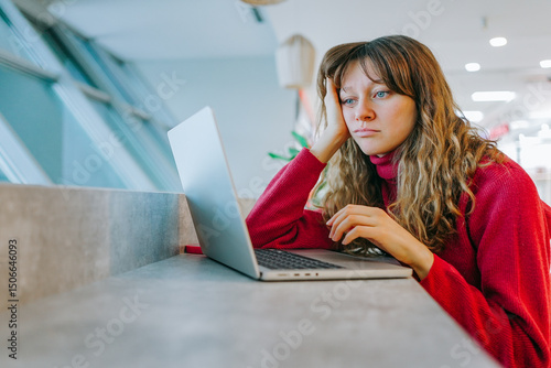 Tableau sur toile Bored woman searching for flights for summer vacation on her laptop, resting her