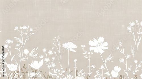 White ink line art illustration of New York City skyline with vintage floral motifs on beige linen-textured background, minimalist wildflower patterns in natural muted tones 