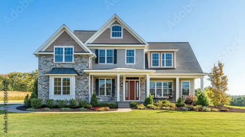 Newly built luxury home exterior with modern architecture, large windows, elegant facade, and pristine landscaping under clear skies