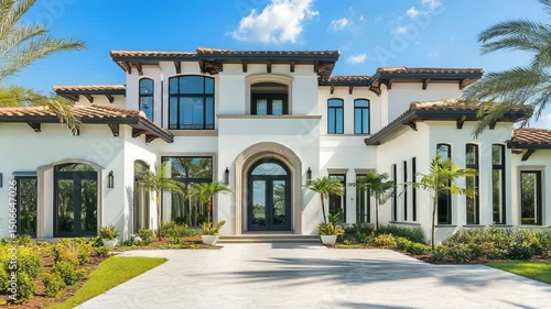 Newly built luxury home exterior with modern architecture, large windows, elegant facade, and pristine landscaping under clear skies