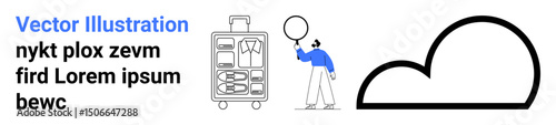 Person holding a balloon next to an open luggage case containing clothes and a cloud shape nearby. Ideal for travel, vacations, packing, preparation, exploration, simplicity, simple landing page