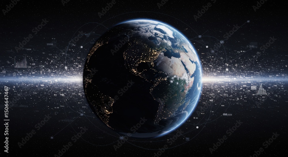 Fototapeta premium Earth glows with life data in a digital cosmos