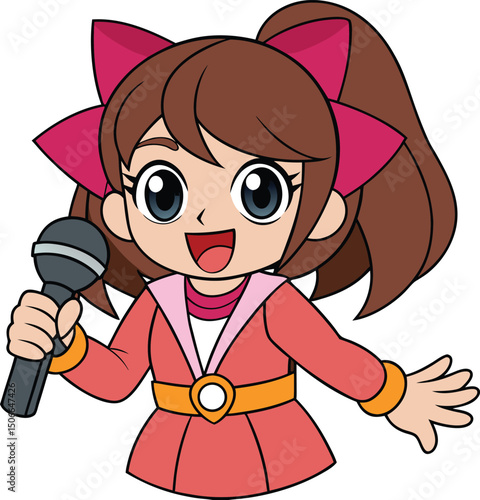 Cute girl singer cartoon character holding microphone