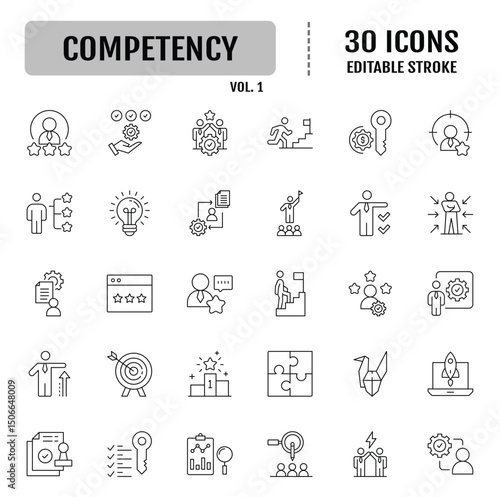 Competency line editable icon set. Containing skills, knowledge, abilities, talent, learning, capability.  Vector illustration