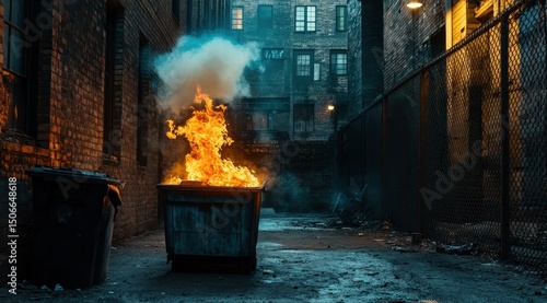 A dumpster fire rages in a dimly lit urban alleyway, billowing smoke against a backdrop of brick buildings and fences