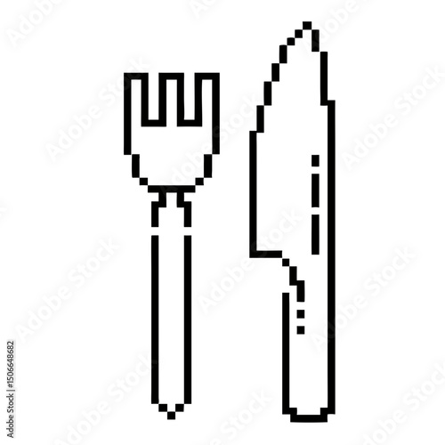 pixel  line art of a knife and fork arranged together for culinary presentation