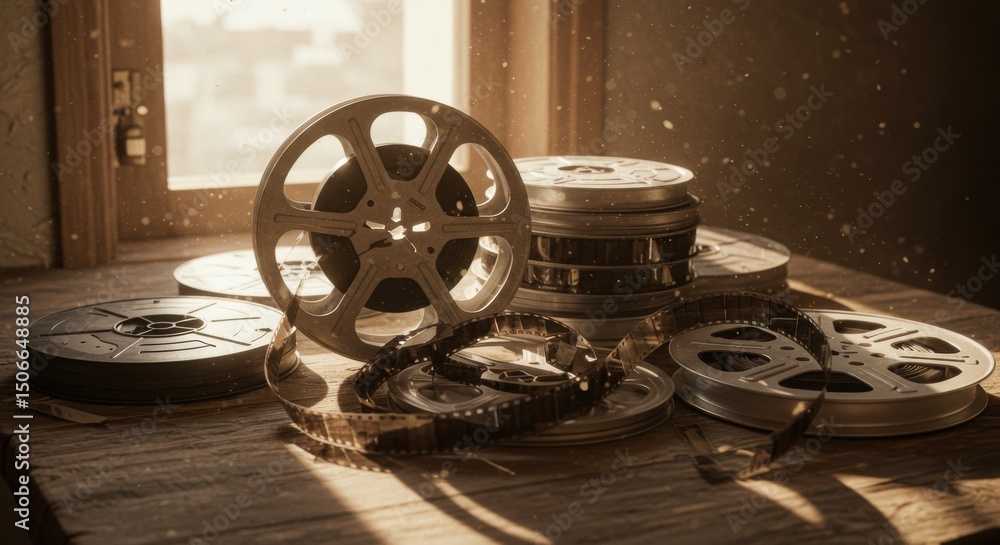 Obraz premium Film reels bask in window light vintage cinemas essence