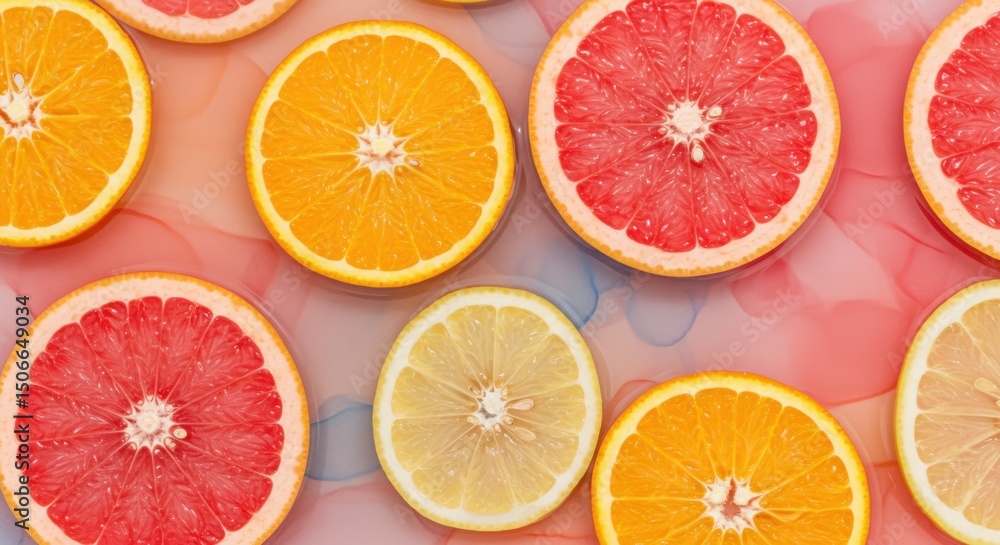 Fototapeta premium Citrus Symphony Vibrant fruit slices float in a swirling watercolor dreamscape